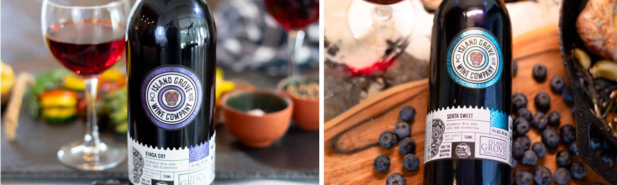 Bottles of Island Grove Kinda Dry and Sorta Sweet blueberry wine side by side, with a poured glass, fresh blueberries and a wooden board.